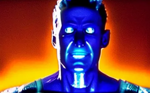 Prompt: still frame from blockbuster movie showcasing groundbreaking cgi a character made of blue cherenkov radiation