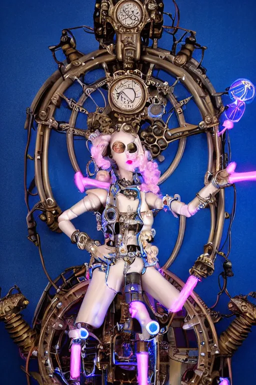 Prompt: full-body porcelain baroque steampunk futuristic style sculpture of a young beautiful goddess as a half-robot wearing cholo shades, blue glowing lips, mechanical fingers, oozing neon radioactive liquid, electric sparks, glowing hot magenta laser beam eyes, blue diamonds, golden steampunk necklace with a glowing white crystal orb, flowing pink satin, industrial fabrics, mechanical plants. baroque and steampunk elements. full-length view. baroque element. intricate artwork by caravaggio. Trending on artstation, octane render, cinematic lighting from the right, hyper realism, octane render, 8k, depth of field, 3D