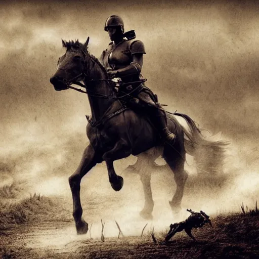 Image similar to a haunting hyper-realistic photograph of a tired spartan soldier riding a horse on the battlefield in the style of a photo-realistic, realistic photograph, 3D render, blender, moonlight, detailed, dark, ominous, threatening, haunting, forbidding, colorful, stormy, doom, apocalyptic, sinister, ghostly, unnerving, harrowing, dreadful ,frightful, shocking, terror, hideous, ghastly, terrifying