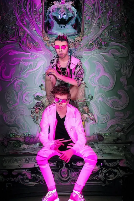 Image similar to full-body rococo and cyberpunk style neon statue of a young attractive Liam Payne wearing cholo shades macho dotado e rico android sim roupa reclining con las piernas abertas e la piroca dura, ethereal white dripping tar, glowing white lasers, pink tigers, glowing eyes, silver prince crown, black gears, pink diamonds, swirling mint-colored silk fabric. futuristic elements. full-length view. human skulls. large intricate artwork by caravaggio. Trending on artstation, octane render, cinematic lighting from the right, hyper realism, octane render, 8k, depth of field, 3D