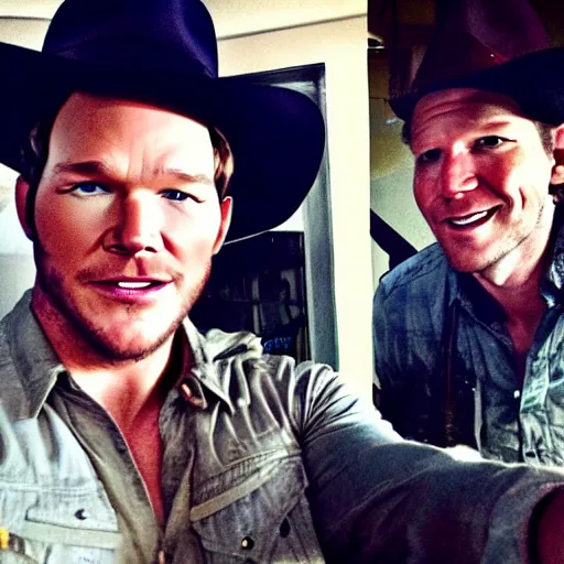 Image similar to chris pratt as indiana jones taking a selfie with an old harrison ford, instagram, cinematic, natural lighting, genuine smile, perfect angle