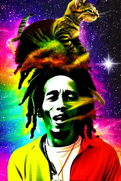 Image similar to A Bob Marley cat floating in space with cannabis, digitalart