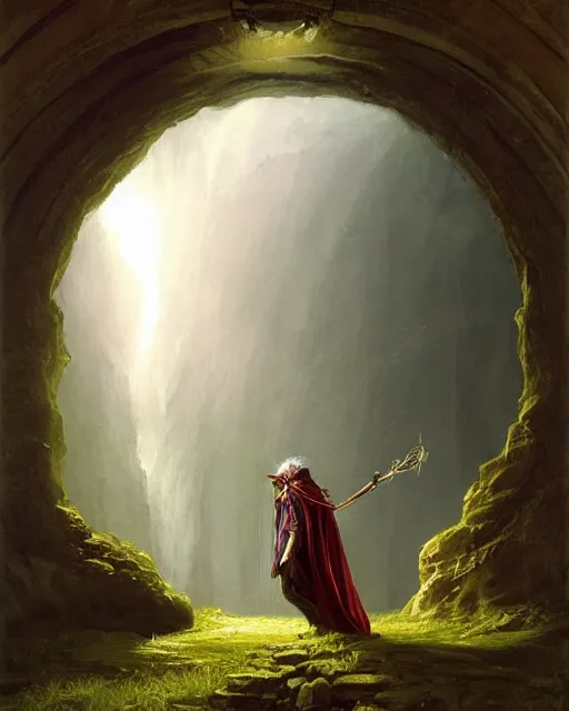 Image similar to A wild magic sorcerer. He is wearing a cloak with glowing runes on it and a crown. He is frowning seriously. He is preparing to cast a spell to banish the old gods. He is standing in spell circle. Award winning realistic oil painting by Thomas Cole and Wayne Barlowe