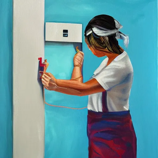 Prompt: woman building electrical wiring, soft lighting, acrylic on canvas