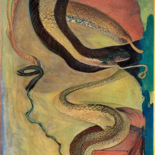 Image similar to A beautiful collage of a snake eating its own tail that seems to go on forever. electric color by Kurt Schwitters, by Henry Ossawa Tanner