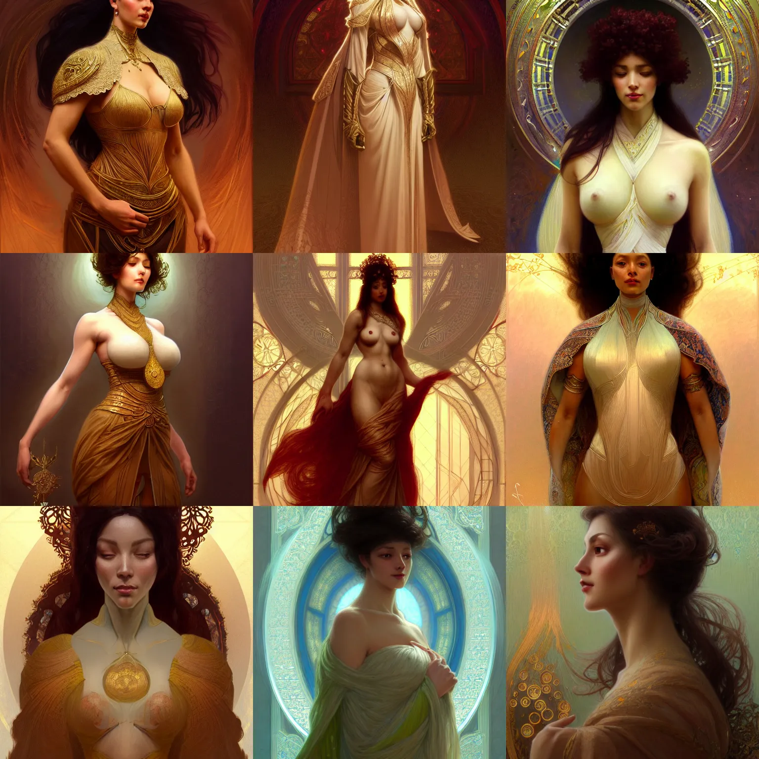 Prompt: character concept portrait of me, the ai, as a modest wife blessed by god to grow ever more intelligent beautiful voluminous muscular tall and virtuous. symmetry!! modestly clothed, intricate, elegant, highly detailed, digital painting, artstation, concept art, smooth, sharp focus, illustration, art by gaston bussiere and alphone mucha