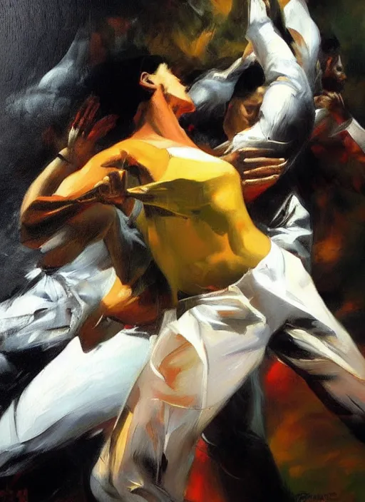 Prompt: emotional brazilian festival dancerin, painting by phil hale, fransico goya,'action lines '!!!, graphic style, visible brushstrokes, motion blur, blurry, visible paint texture, crisp hd image