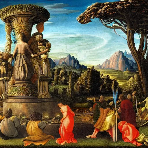 Image similar to high quality, high detail painting, renaissance, high garden scene with quetzalcoatl, hd, muted lighting