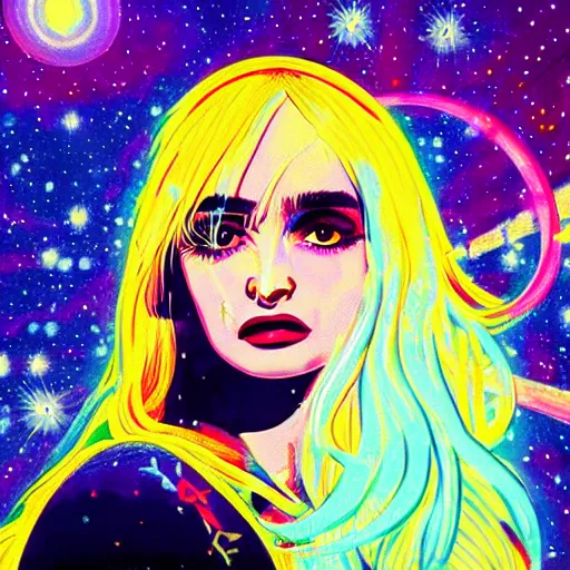 Image similar to a highly detailed and accurate pulp portrait of kim petras in space, 1 9 7 0 s, space station, neon light, delicate embellishments, woman art, painterly, offset printing technique