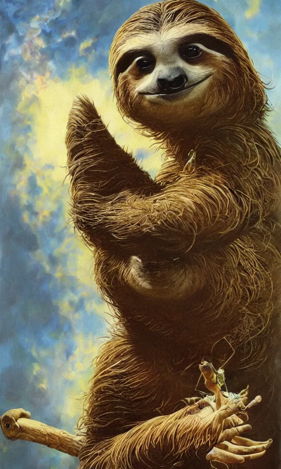 Image similar to ultra realistic portrait painting of a stoner sloth, art by frank frazetta, 4 k, ultra realistic, highly detailed, epic lighting