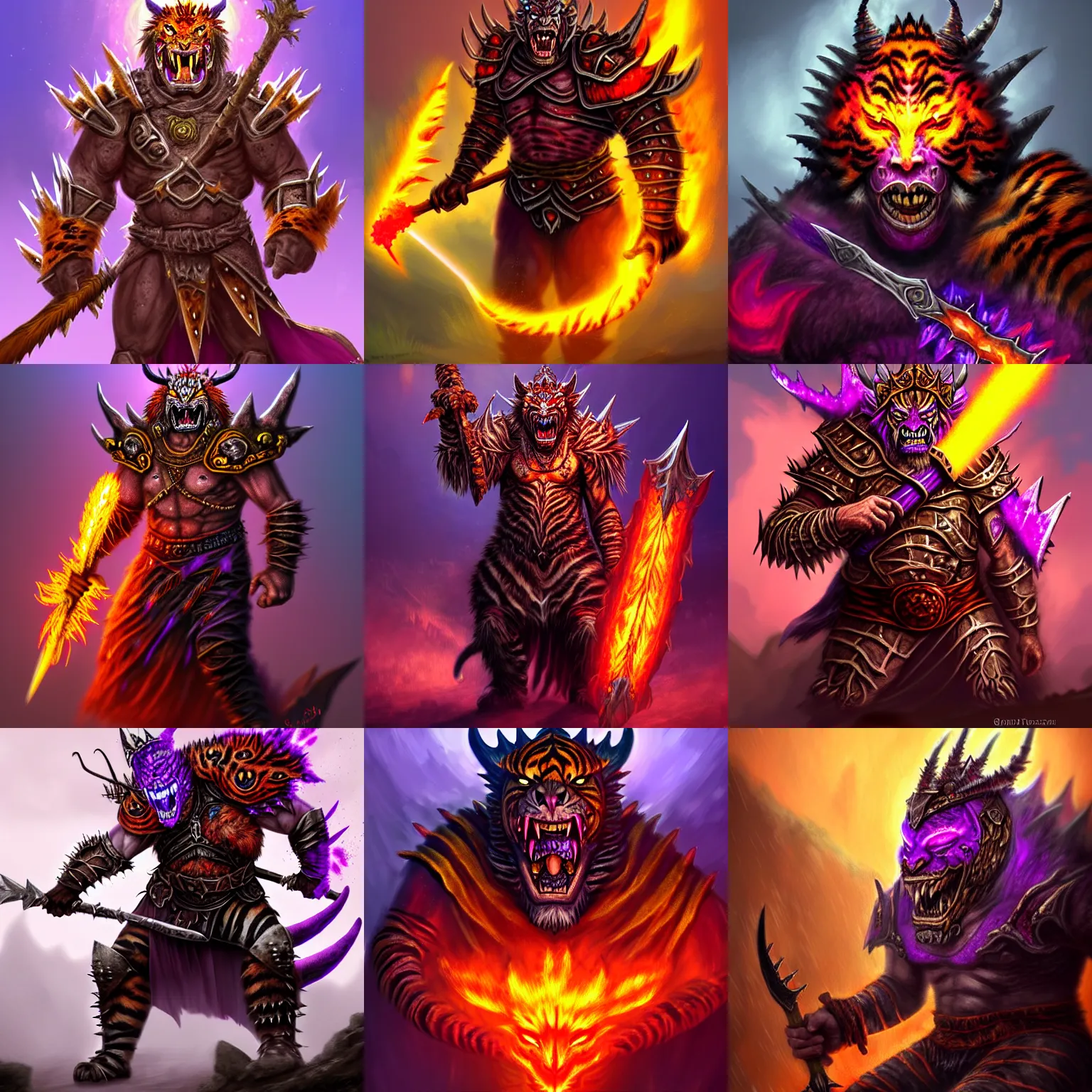 Prompt: enraged orc king in spiky armor with a purple fiery aura!!!!!!, wearing a dragon mask, holding a poisonous axe, riding riding riding riding a tiger tiger tiger tiger, trending on artstation, sharp focus, highly detailed, digital fantasy art