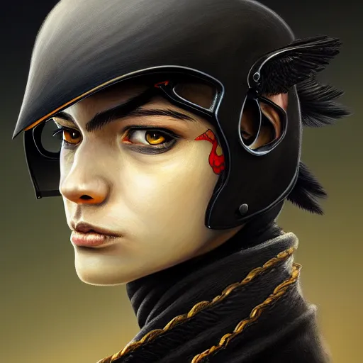 Image similar to portrait painting of a crow biker, sharp focus, award - winning, trending on artstation, masterpiece, highly detailed, intricate, anime, cartoon. art by merwild and ernesto irawan and rachel denton