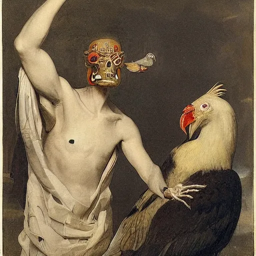 Prompt: A beautiful performance art of a man, with an animal skull for a head, and a large bird perched on his shoulder. The man is looking up at the bird with a fierce expression, and the bird is looking back at him with what seems to be an equally intense gaze. neoclassicism by Gerard ter Borch, by Paul Laffoley sad