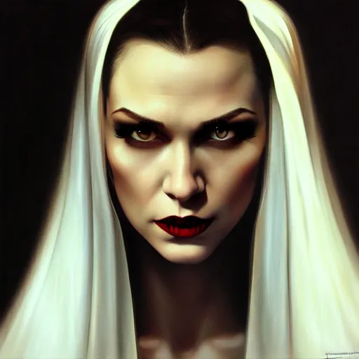 Prompt: close up face of a extremely beautiful bond female vampire portrait, Masterpiece, oil on canvas, artgerm, norman rockwell, craig mulins, trending on pxiv,