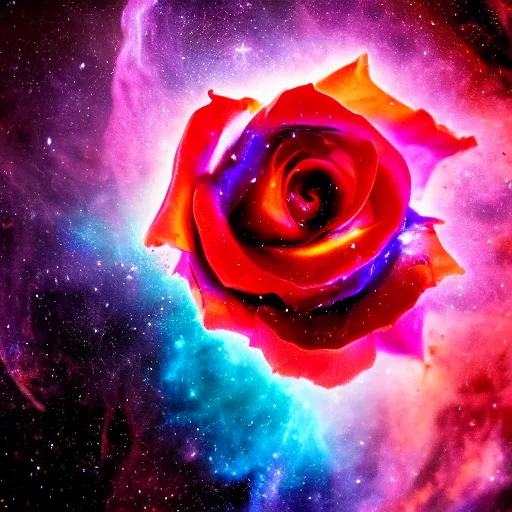 Image similar to award - winning macro of a beautiful rose made of molten magma and nebulas on black background, highly detailed, trending on deviantart and artstation, nasa space photography, national geographic