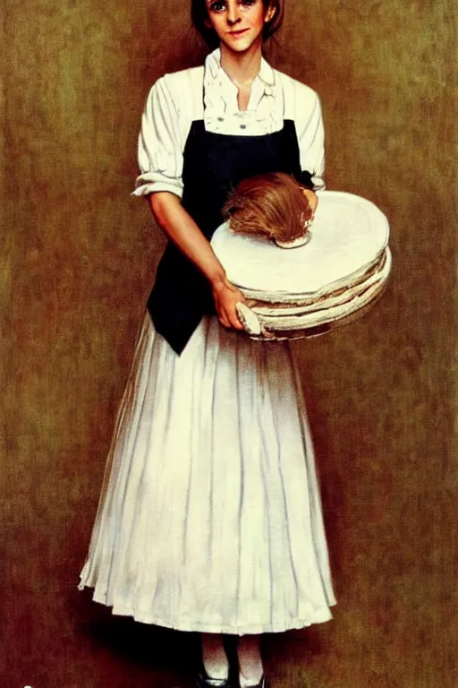 Prompt: photo photorealistic portrait photograph Emma Watson as maid 1970s portrait by Norman Rockwell