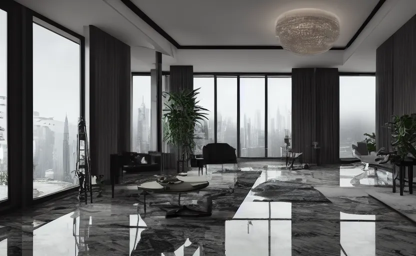 Image similar to a stylish apartment interior in the style of blade runner, high tech, marble floors, plants, warm moody lighting, wide angle lens, low level view, trending on artstation, unreal engine, 8k,