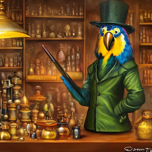 Prompt: Anthropomorphized parrot trader in his shop, selling his wares, portrait, items, weapons, magic potions, trinkets, carpet, lamps, window, fancy hat, sly expression, cunning expression, cute expression, long thick shiny black beak, D&D, fantasy, cinematic lighting, highly detailed, digital painting, artstation, concept art, smooth, sharp focus, illustration, warm light, cozy warm tint, magic the gathering artwork, volumetric lighting, 8k, art by Akihiko Yoshida, Greg Rutkowski