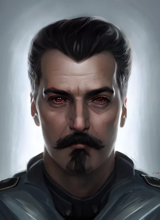 Image similar to « a portrait o cyberpunk joseph stalin, glowing eyes, a digital painting by charlie bowater, featured on cgsociety, fantasy art, behance hd, wiccan, artstation hd »