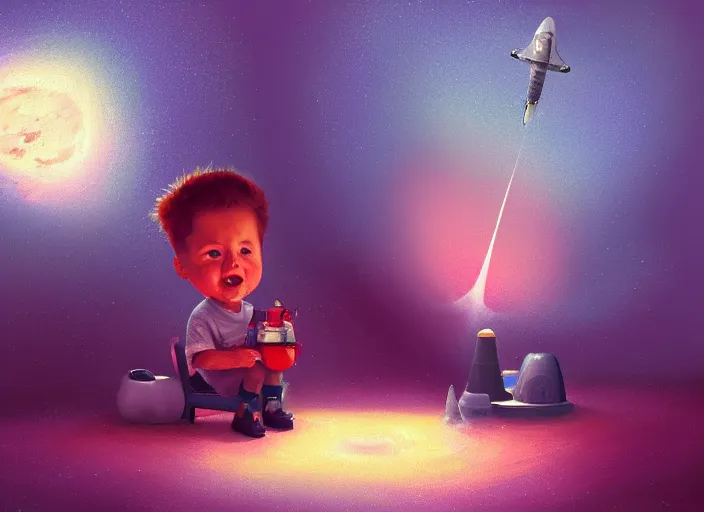 Prompt: elon musk as a toddler sitting on a fluffy rug playing with his space rockets, digital painting, painterly, soft cinematic lighting, artstation