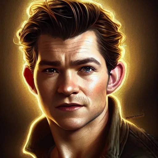 Image similar to A combination of Tom Holland's and Orlando Bloom's and Chris Pine's faces as Nathan Drake, western, D&D, fantasy, intricate, elegant, highly detailed, digital painting, artstation, concept art, matte, sharp focus, illustration, art by Artgerm and Greg Rutkowski and Alphonse Mucha