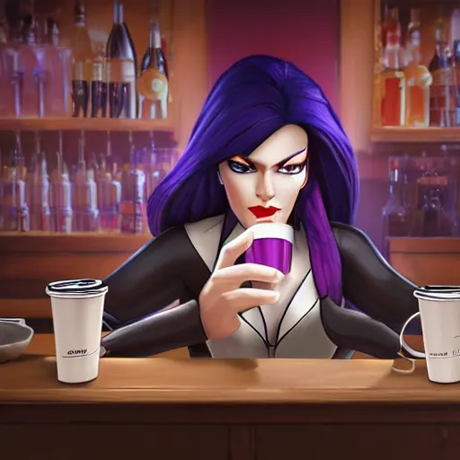 Image similar to Widowmaker drinking a coffee sitting at a bar, hd, digital art