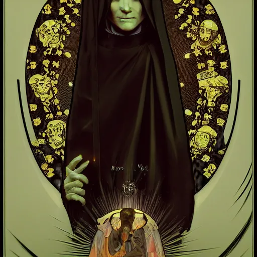 Image similar to A Black background portrait of A zombie nun glowing black by greg rutkowsk and alphonse mucha,In style of digital art illustration.Dark Fantasy,Ray tracing,hyper detailed,sharp focus,Soft light.trending on artstation.4k