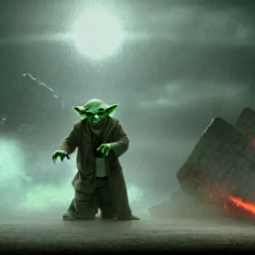 Image similar to movie still of yoda as godzilla destroying tokyo in the new movie, giant yoda