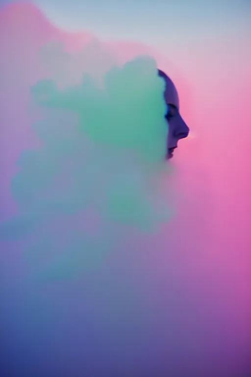 Image similar to high quality pastel coloured film close up wide angle photograph of a model wearing clothing swimming on cloud furniture in a icelandic black rock!! environment in a partially haze filled dreamstate world. three point light, rainbow. photographic production. art directed. pastel colours. volumetric clouds. pastel gradient overlay. waves glitch artefacts. extreme facial clarity. 8 k. filmic.