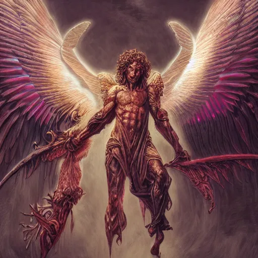 Image similar to photorealistic biblically accurate demonic archangel the style of michael whelan and gustave dore. hyperdetailed photorealism, 1 0 8 megapixels, amazing depth, glowing rich colors, powerful imagery, psychedelic overtones, 3 d finalrender, 3 d shading, cinematic lighting, artstation concept art