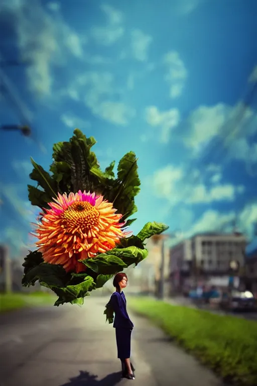 Image similar to closeup giant dahlia flower head, girl in a suit on a street, surreal photography, blue sky, sunrise, dramatic light, impressionist painting, digital painting, artstation, simon stalenhag