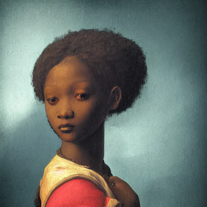 Prompt: a painting of a African girl by Leonardo da Vinci . dramatic angle, ethereal lights, details, smooth, sharp focus, illustration, realistic, cinematic, artstation, award winning, rgb , unreal engine, octane render, cinematic light, macro, depth of field, blur, red light and clouds from the back, highly detailed epic cinematic concept art CG render made in Maya, Blender and Photoshop, octane render, excellent composition, dynamic dramatic cinematic lighting, aesthetic, very inspirational, arthouse.