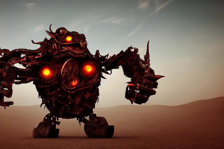 Prompt: a gigantic angry monster made of scrap metal with red eyes, standing in the desert, looking at camera, realism, photo realistic, high quality, misty, hazy, ambient lighting, cinematic lighting, studio quality,