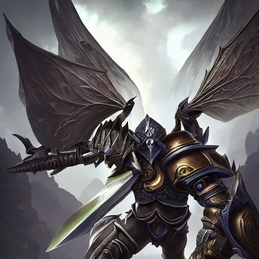 Image similar to portrait of humanoid mosquito resembling a knight in black armor with two dragonfly wings, league of legends splash art, hearthstone splash art, full body shot, rule of thirds, ultrafine hyperrealistic detailed face, artgerm, greg rutkowski, trending on artstation, 8 k, intricately detailed, highly detailed