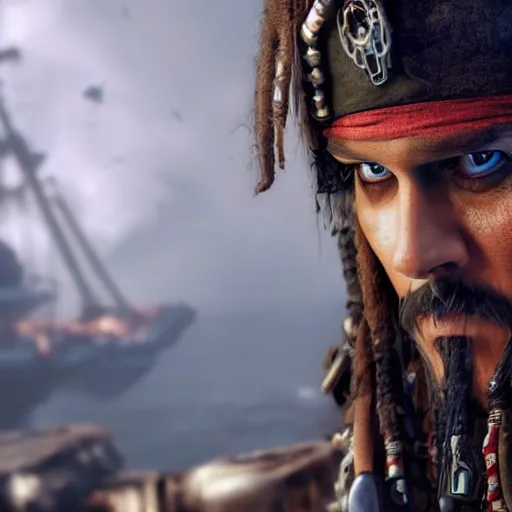 Image similar to captain jack sparrow in gears of war, gears of war, gears of war, splash art, movie still, cinematic lighting, dramatic, octane render, detailed face, long lens, shallow depth of field, bokeh, anamorphic lens flare, 8 k, hyper detailed, 3 5 mm film grain