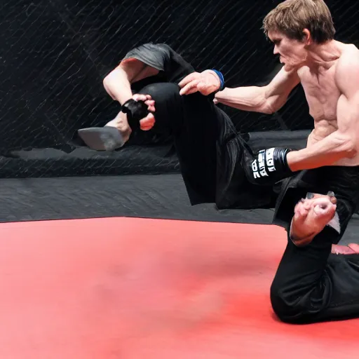 Image similar to willem dafoe versus jerma 9 8 5 fighting in a mixed martial arts game, 4 k, dramatic, blood, intense, realistic, full body