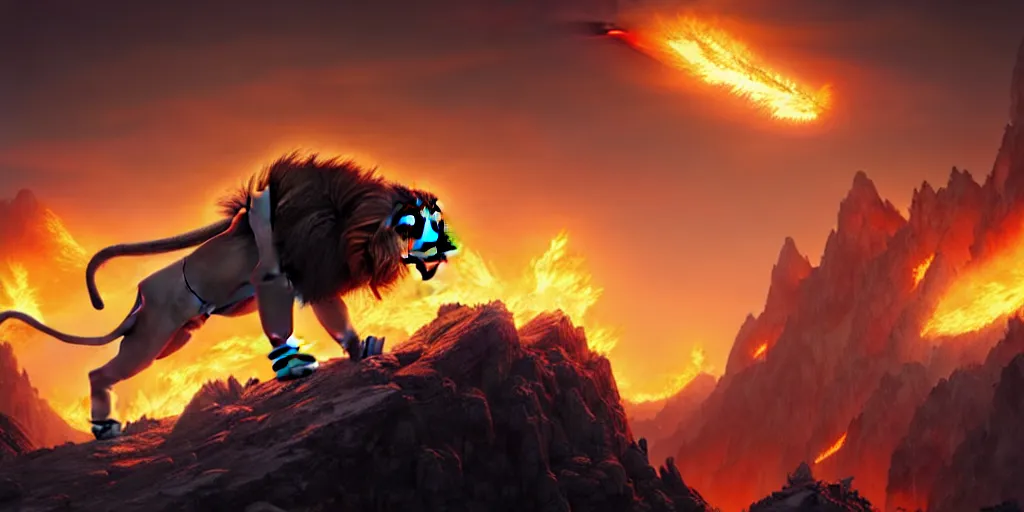 Image similar to Lion with scorpion tail and bat wings on a top of a mountain breathing fire to the sky, art by Peter Tang and artgem and Greg Rutkowski, highly detailed, fantasy, digital art, 8k, volumetric lighting