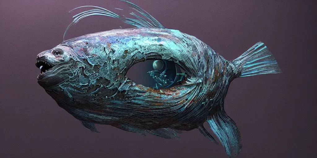 Image similar to goldfish, stylized layered textures, long flowing fins, bioluminescent orbs, 3 d render, substance painter, glowing eye, smooth, sharp focus, art by h r giger