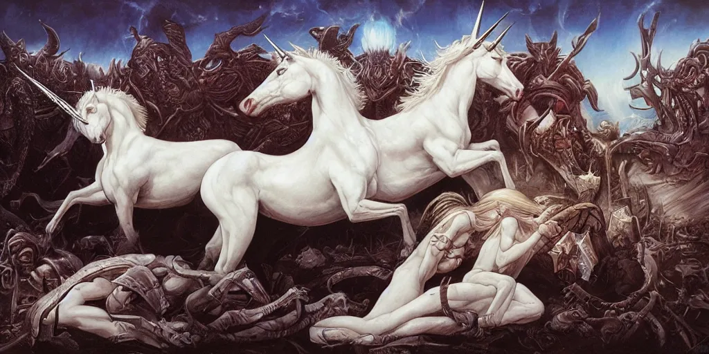 Image similar to the sacrifice of the white unicorn, fighting, struggling by gerald brom