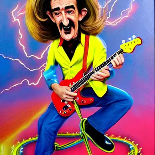 Image similar to Barry Chuckle Shredding on an electric guitar in the style of Jason Edmiston