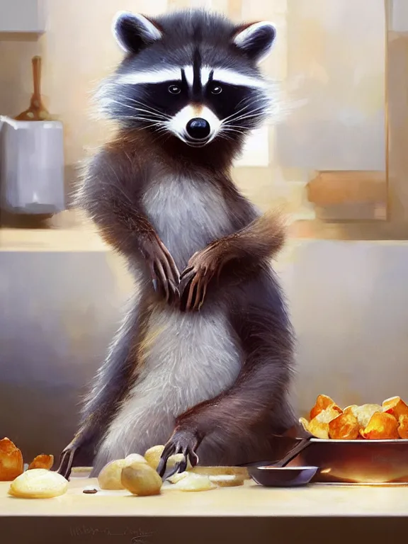 Prompt: A ultradetailed beautiful panting of an extremely cute racoon, with a very soft fur, cooking potatoes in a 60's kitchen , oil panting, high resolution 4K, by Ilya Kuvshinov, Greg Rutkowski and Makoto Shinkai