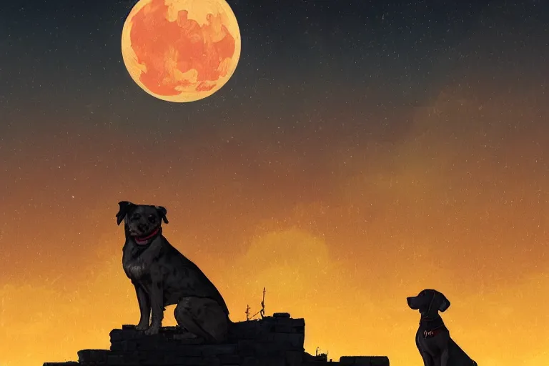 Prompt: a detailed illustration of a lonely sad dog against the background of a ravaged city and a red moon, artstation, by John Philip Falter, Art Nouveau, sophisticated, Unreal engine, dystopia, anti-utopia, post processing, nostalgic melancholic artwork, intricate