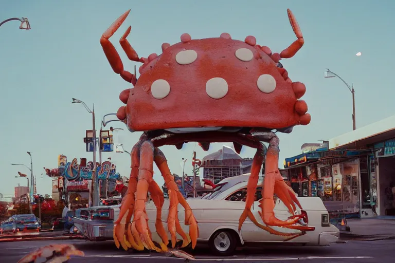 Image similar to 2 0 1 5 cute giant crab terrorizing a city, googie city, americana, fishcore, exterior photography, hd 8 k, photography cinestill