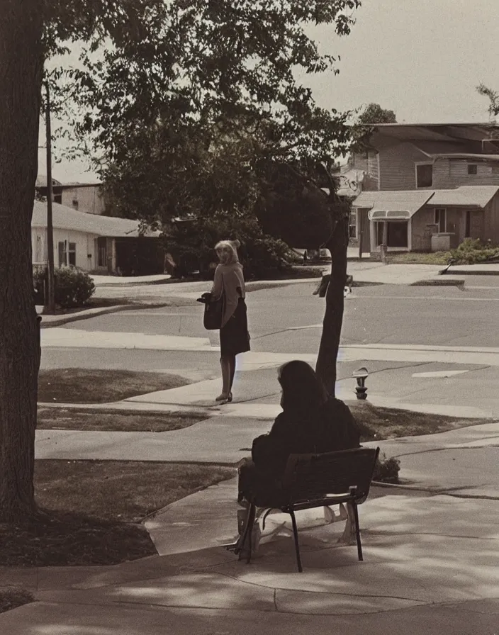 Prompt: “ 1 9 6 0 s quiet american neighborhood, a woman waiting ”