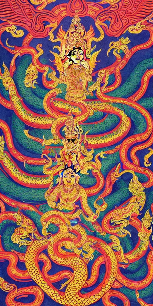 Prompt: naga art, mythical serpent southeast asian legends, thai traditional painting, royal thai art, guardian at the temple, garuda eagle, thai folklore, buddhist painting, thai dragon paintings by Chalermchai Kositpipat, Kittichai Rueangchaichan