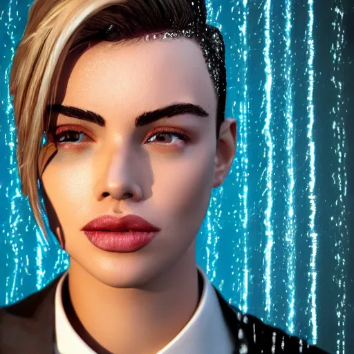 Prompt: cartoon portrait made out of rain, pinstripe suit, short blond hair, galactic background, rendered in octane, unreal engine, highly detailed, trending on artstation, realistic, splashes of neon, beautiful