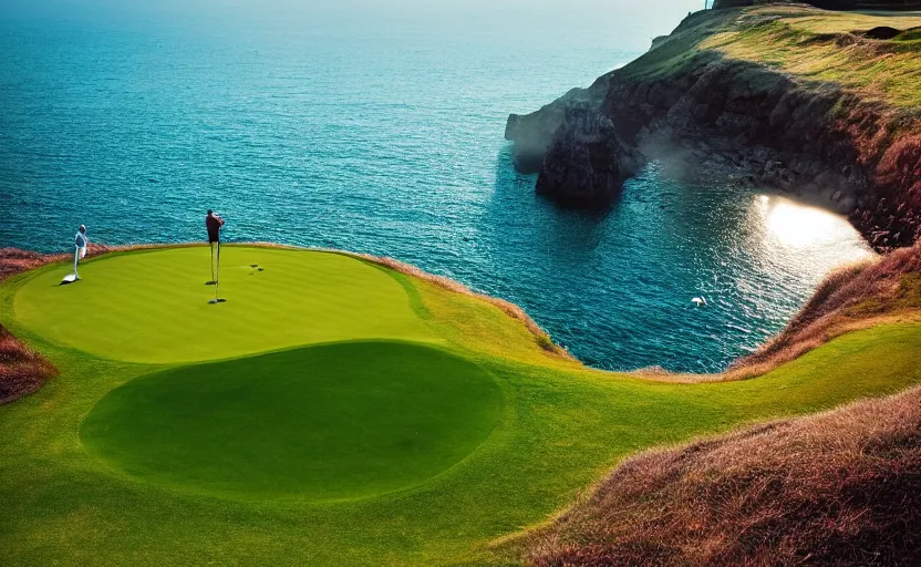 Image similar to a great photograph of the most amazing golf hole in the world, incredible light, cliffs by the sea, perfect green fairway, human perspective, ambient light, 5 0 mm, golf digest, top 1 0 0, fog