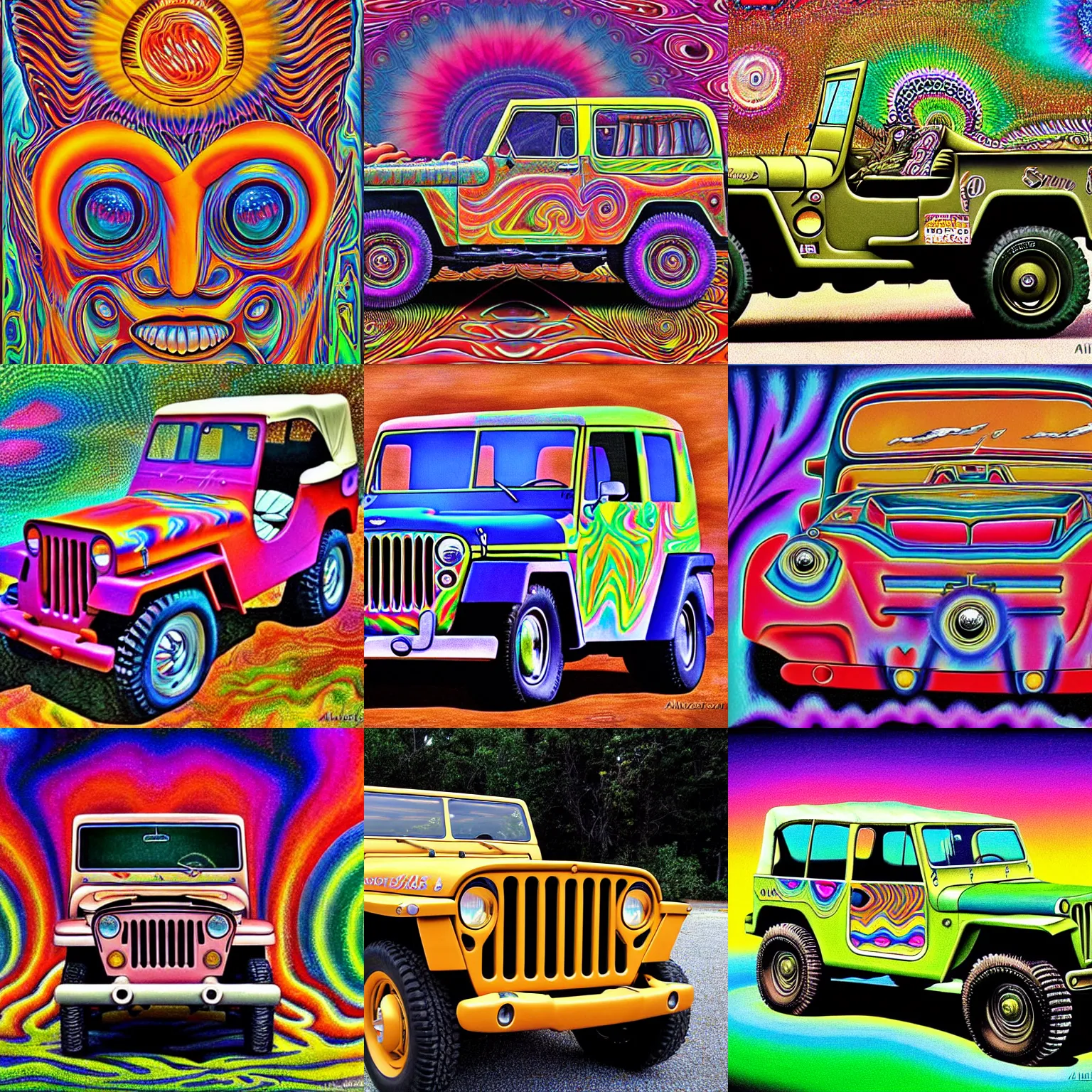 Prompt: A Willys MB jeep, psychedelic artwork by Alex Grey