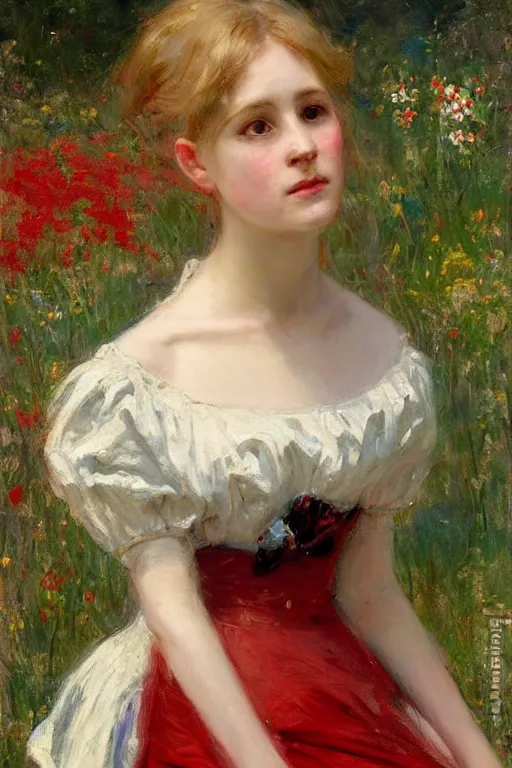 Image similar to Solomon Joseph Solomon and Richard Schmid and Jeremy Lipking victorian genre painting portrait painting of an elegant slim young cottagecore girl in an open field of flowers, red background