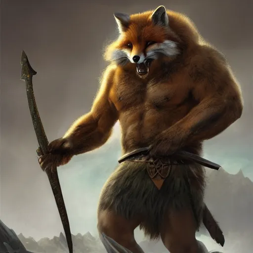 Prompt: portrait of a muscular, anthropomorphic fox warrior with completely green fur, viking tattooed, and a long beard, holding an viking axe in a polar region, by greg rutkowski and frank frazetta, intricate, artstation, vibrant, cinematic, style of magic : the gathering